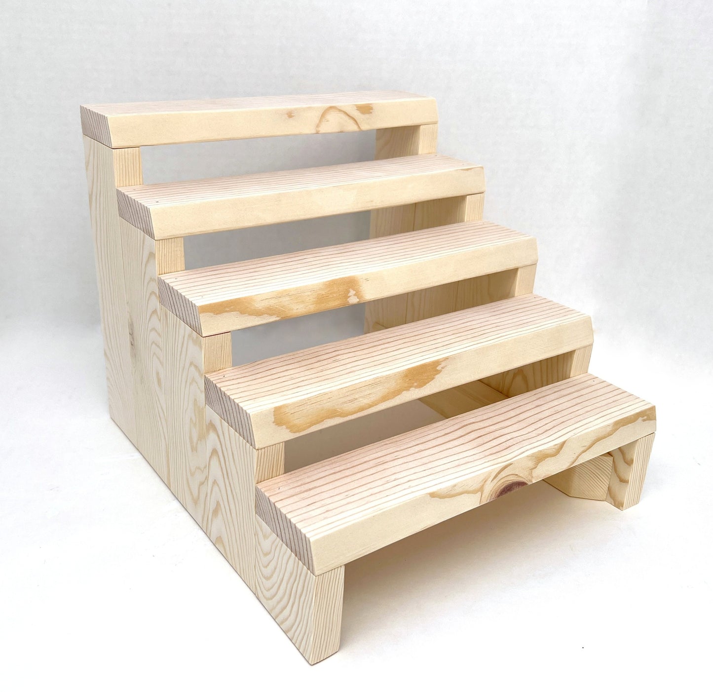Solid pine wood tiered spice rack display stand for countertop.