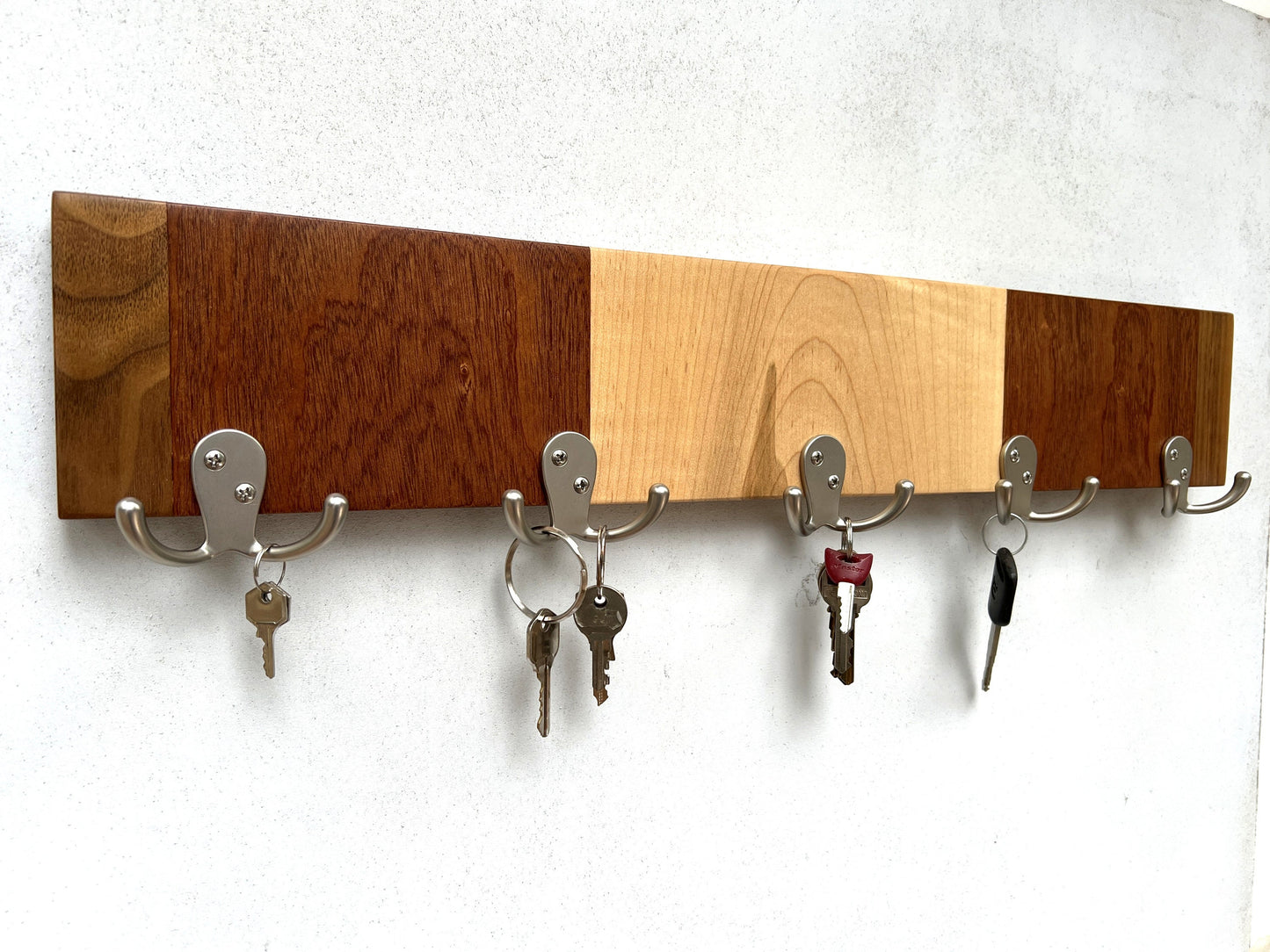 Mixed hardwood rack for wall, entryway organizer, leash hanger.