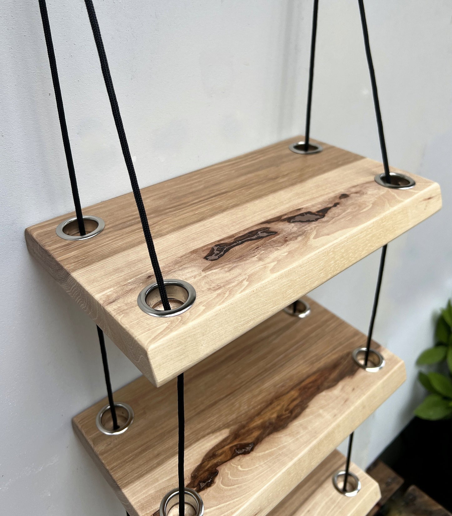 Hanging rope shelf, solid hickory wood, 3 tier.