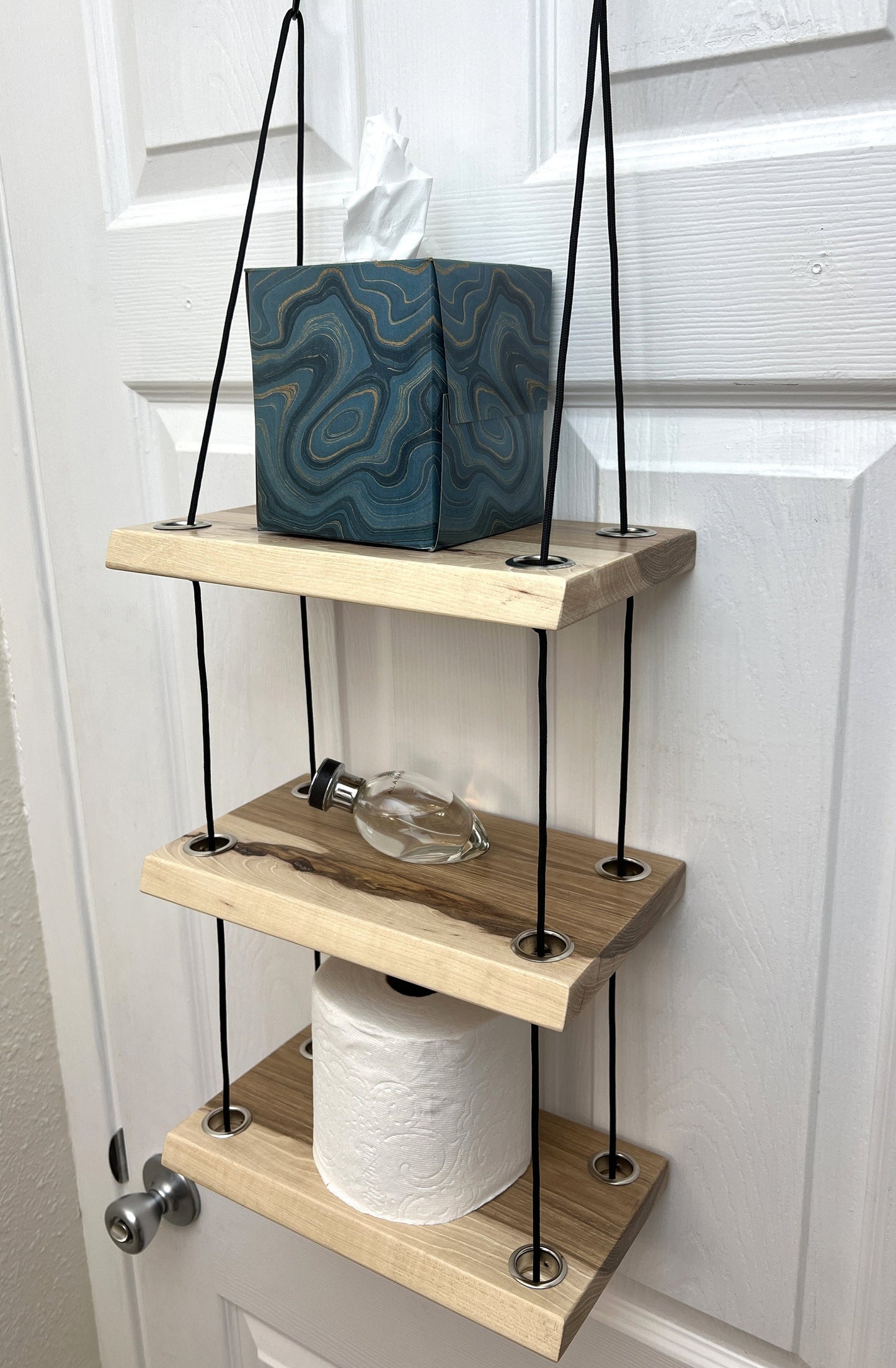 Hanging rope shelf, solid hickory wood, 3 tier.