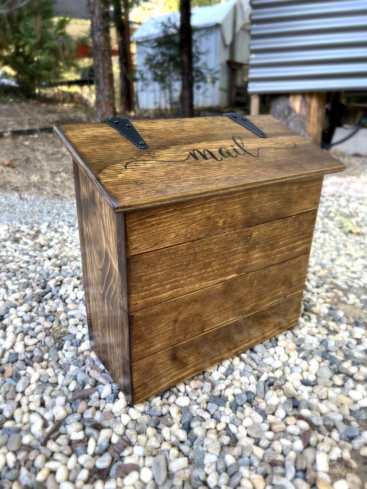 Wall mount mailbox, handmade rustic wood mailbox for covered porch with "mail" on lid
