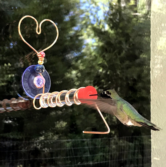 Copper Heart Test Tube Window hummingbird feeder, suction cup mount.