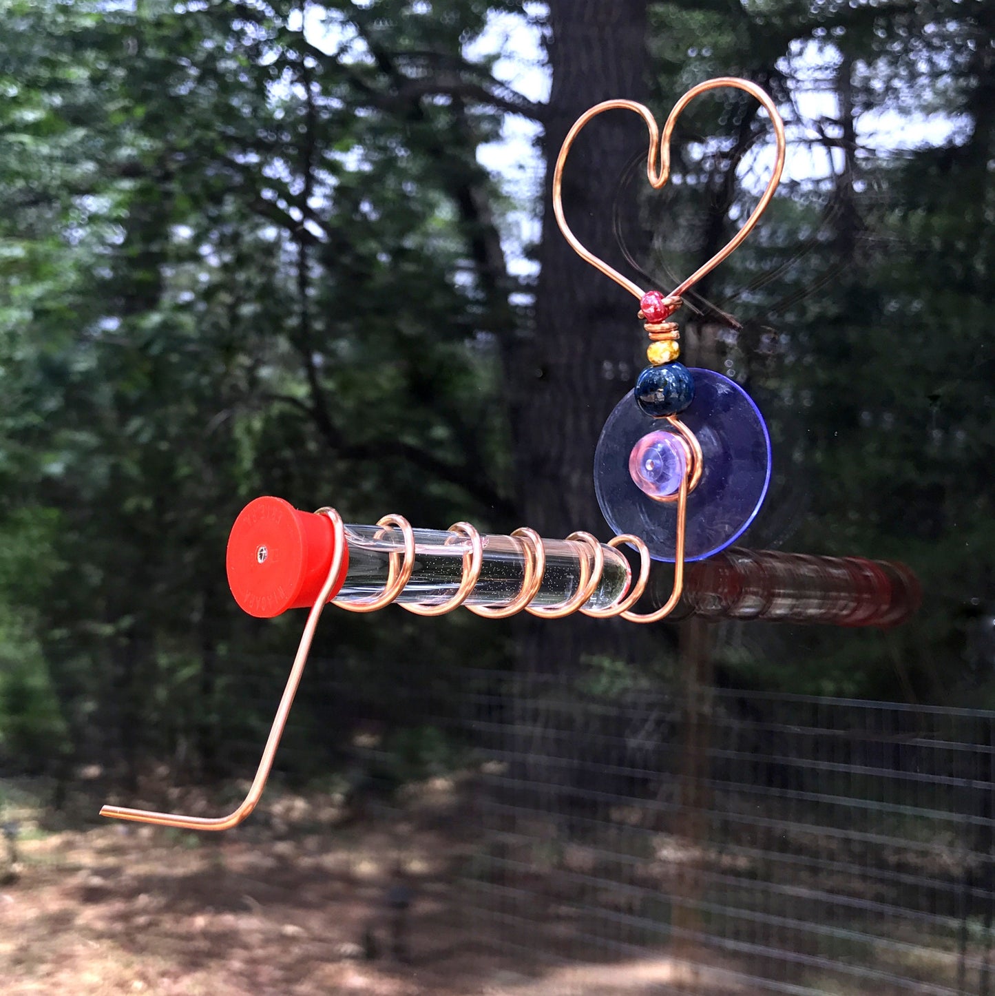 Copper Heart Test Tube Window hummingbird feeder, suction cup mount.