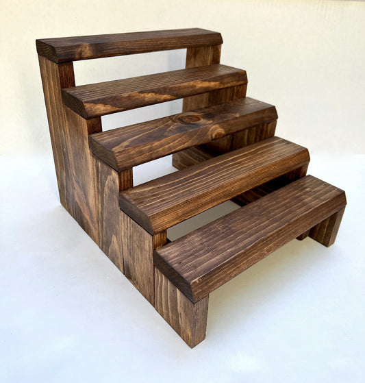 Solid pine wood tiered spice rack display stand for countertop.