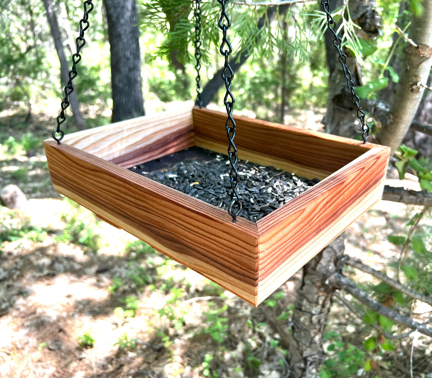 Redwood Platform Tray Bird Feeder, Large hanging bird feeder, includes seed.