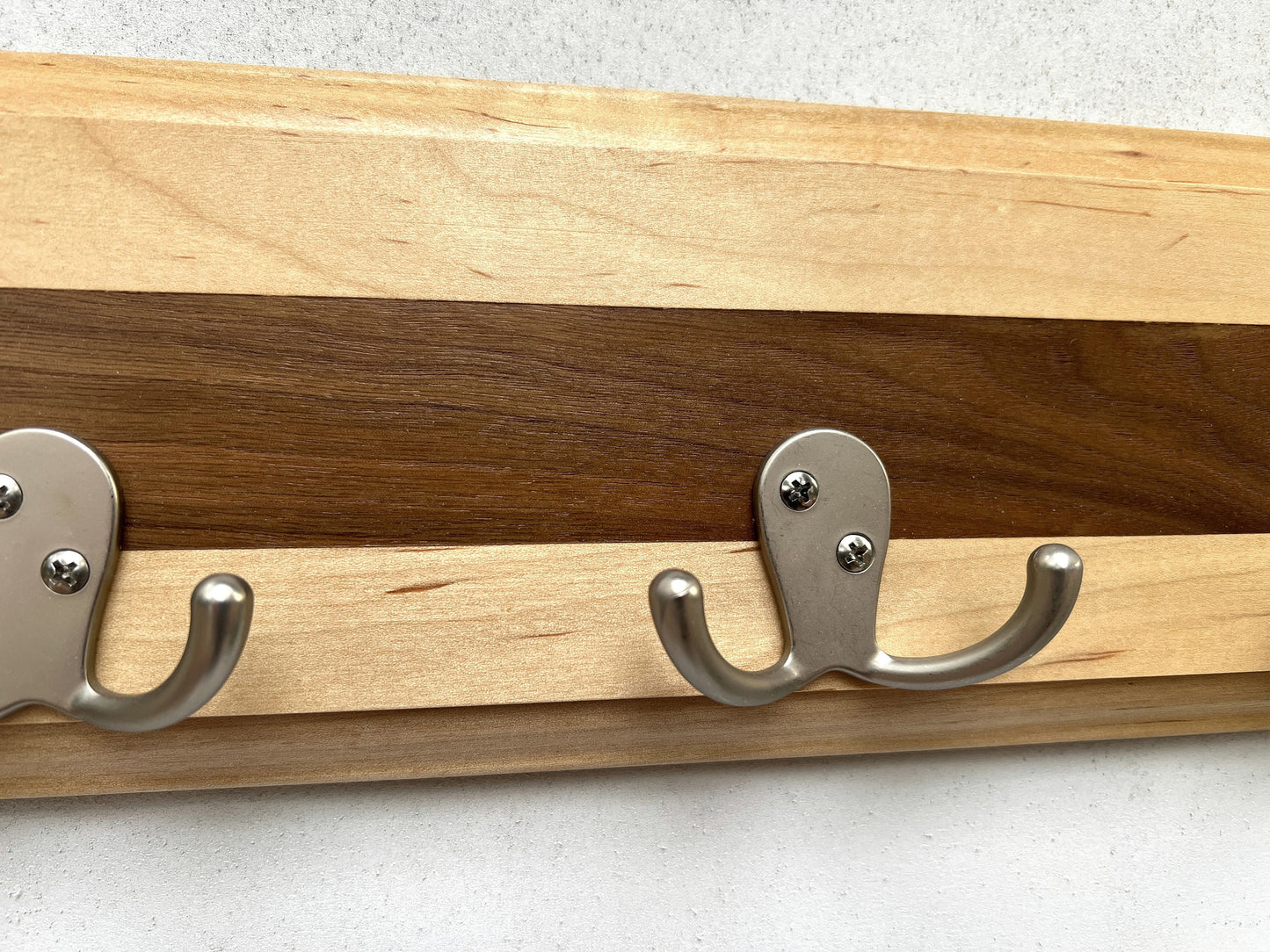 Long key rack, entryway organizer, dog leash organizer, walnut and maple.