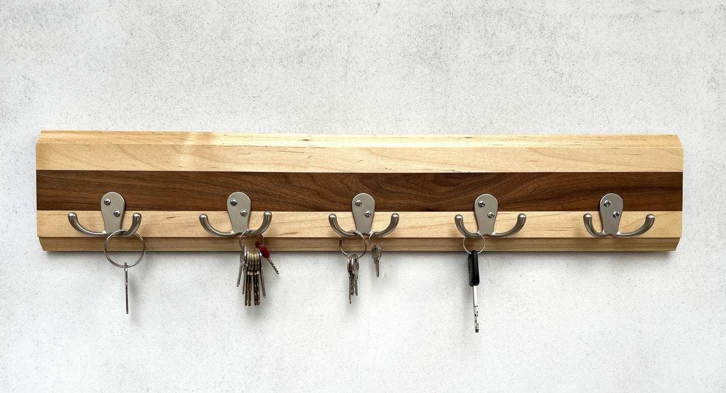 Long key rack, entryway organizer, dog leash organizer, walnut and maple.