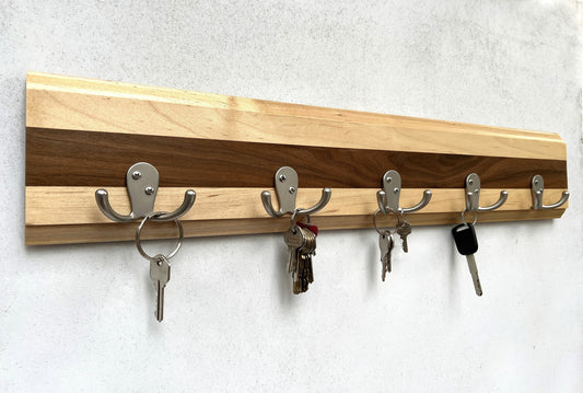 Long key rack, entryway organizer, dog leash organizer, walnut and maple.