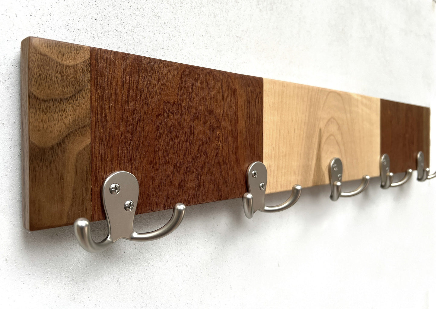 Mixed hardwood rack for wall, entryway organizer, leash hanger.