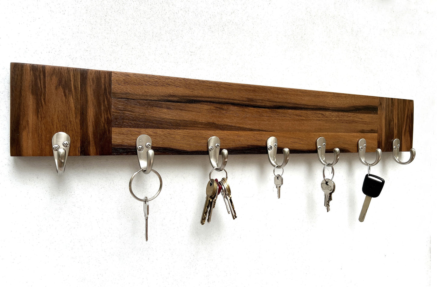 Walnut entryway organizer, dog leash hanger.