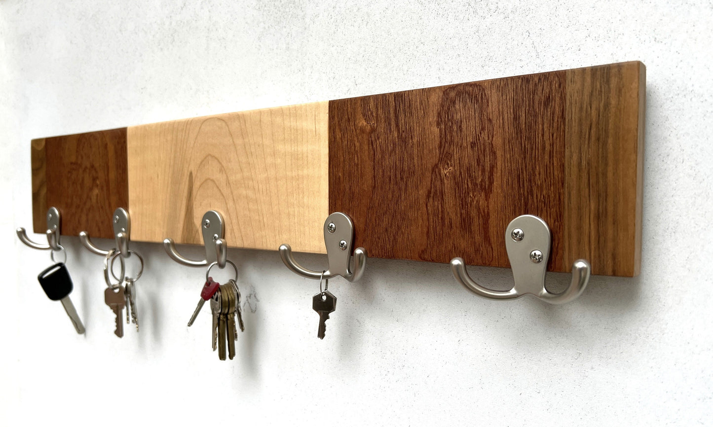 Mixed hardwood rack for wall, entryway organizer, leash hanger.