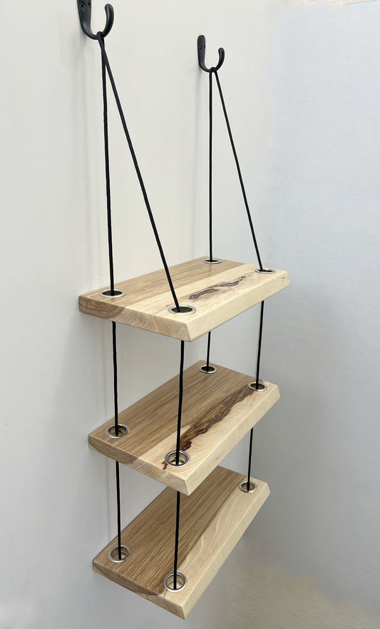 Hanging rope shelf, solid hickory wood, 3 tier.