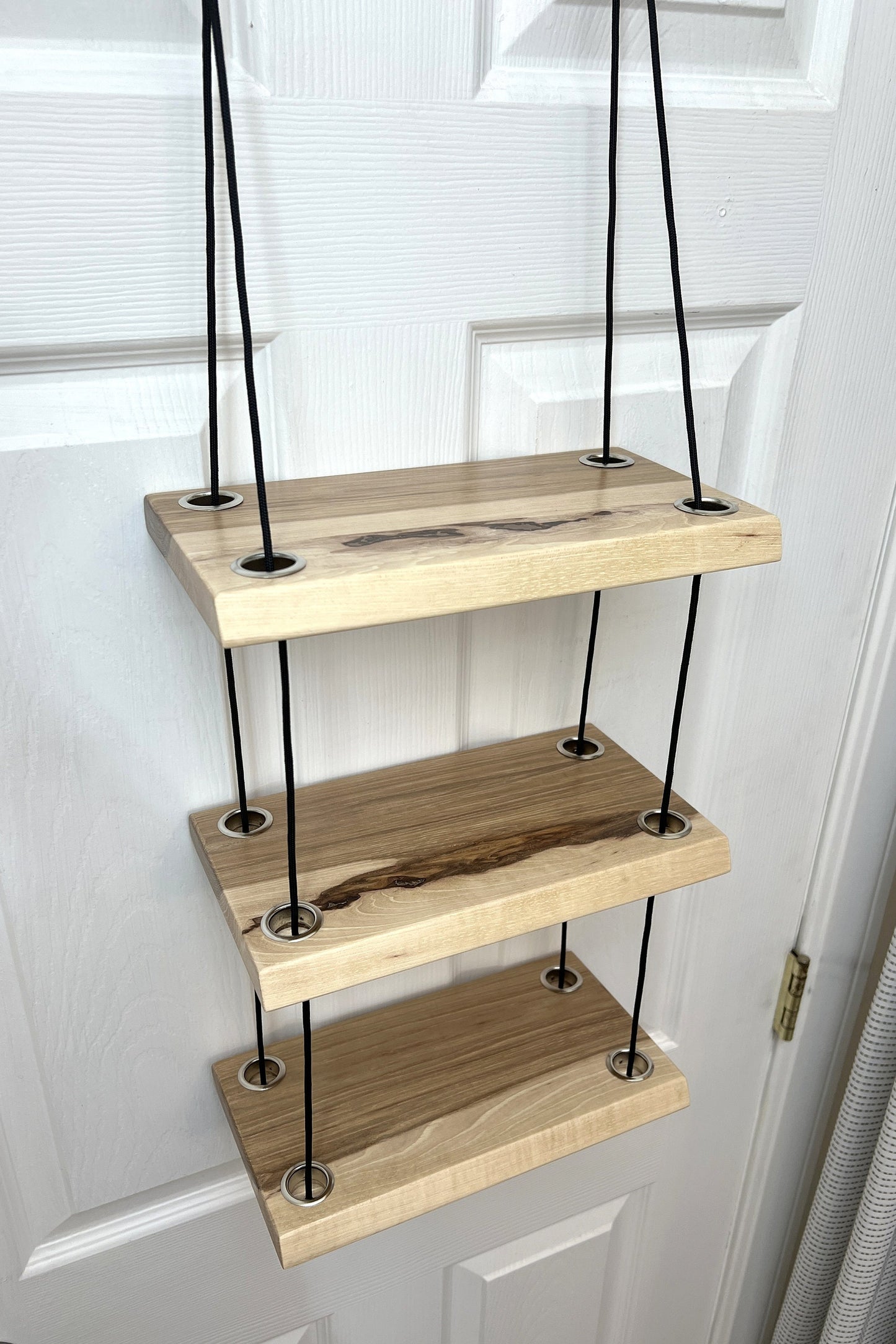 Hanging rope shelf, solid hickory wood, 3 tier.